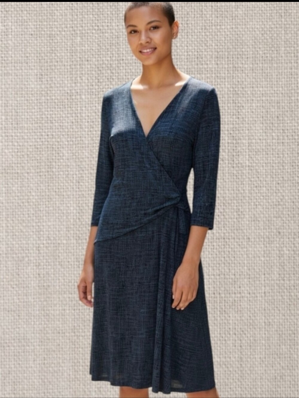 Chico's Dark Navy Textured Wrap Midi Dress